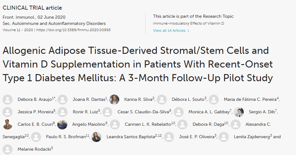 干細胞和維生素D補充劑在新發1型糖尿病患者中的應用:一項為期3個月的后續試點研究 干細胞和維生素D補充劑在新發1型糖尿病患者中的應用:一項為期3個月的后續試點研究