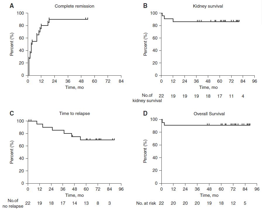圖3:隊列中患者的完全緩解概率、腎臟存活率、復發時間和總體存活率。 圖4:隊列中患者的完全緩解概率、腎臟存活率、復發時間和總體存活率。