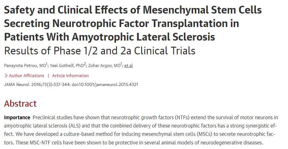 間充質(zhì)干細(xì)胞移植治療肌萎縮側(cè)索硬化癥的安全性及臨床效果1/2期及2a期臨床試驗(yàn)結(jié)果 間充質(zhì)干細(xì)胞移植治療肌萎縮側(cè)索硬化癥的安全性及臨床效果1/2期及2a期臨床試驗(yàn)結(jié)果