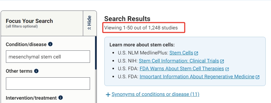 間充質(zhì)干細胞治療的臨床試驗有1248項臨床試驗被提出