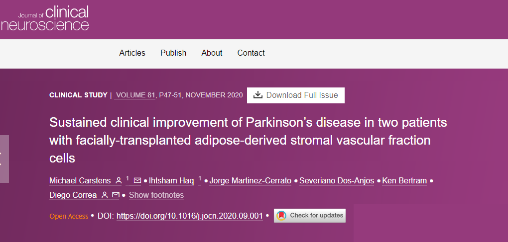 面部移植脂肪來源的基質血管成分細胞后，兩名帕金森病患者病情持續改善
