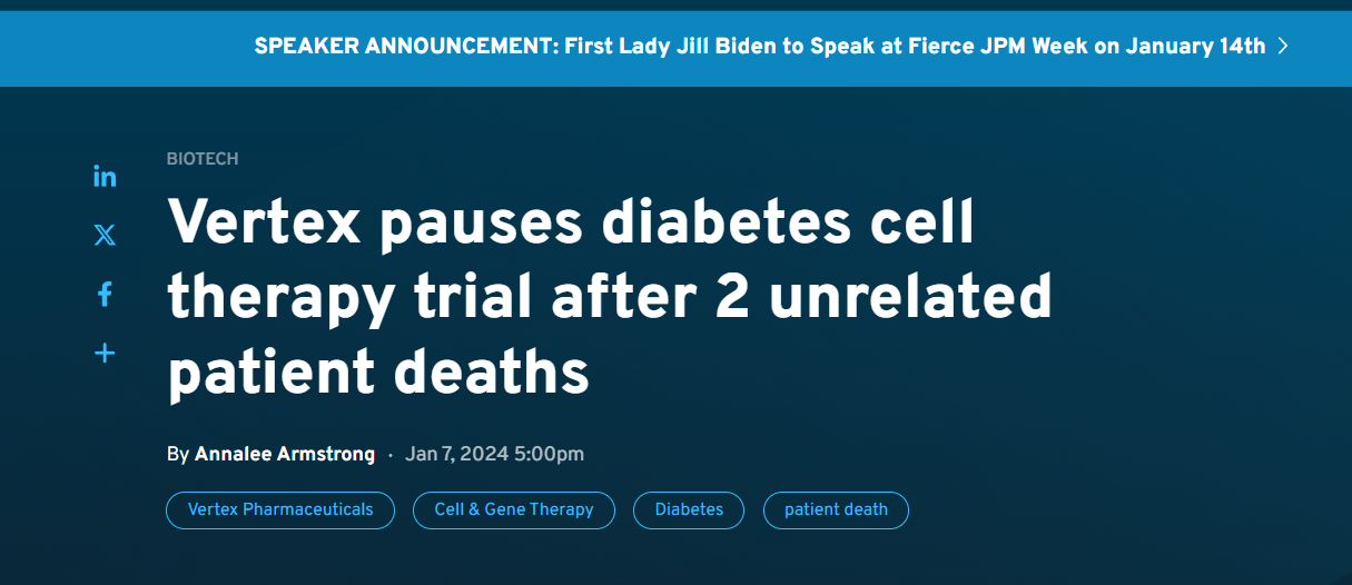 Vertex公司在兩例無關(guān)患者死亡后暫停干細胞治療糖尿病的試驗 Vertex公司在兩例無關(guān)患者死亡后暫停干細胞治療糖尿病的試驗