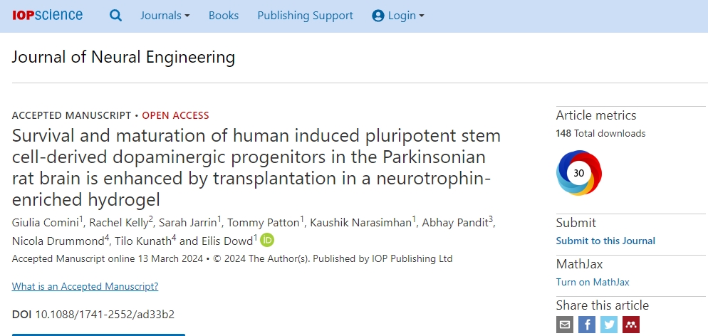 通過在富含神經營養素的水凝膠中移植人誘導的多能干細胞衍生的多巴胺能祖細胞，可以增強帕金森病大鼠腦中的存活和成熟。