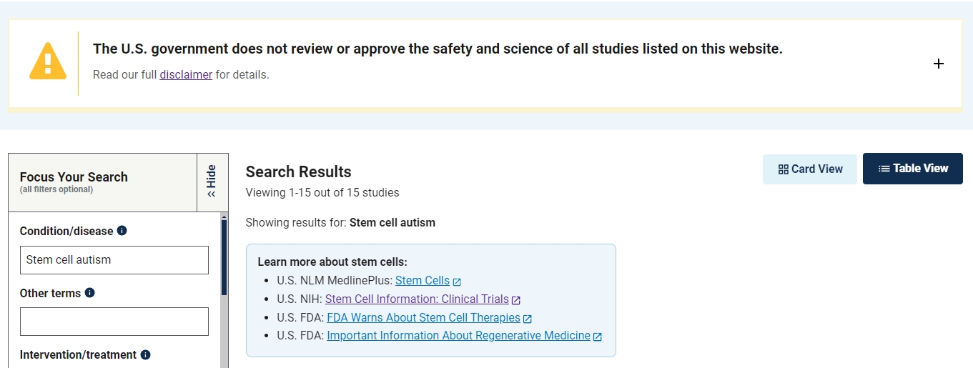 針對自閉癥的干細胞臨床試驗僅有15項