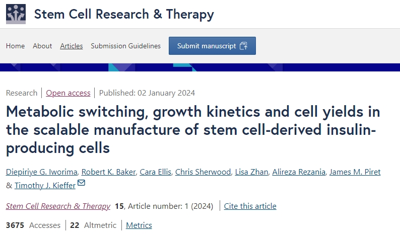 干細(xì)胞衍生的胰島素生產(chǎn)細(xì)胞的可擴(kuò)展制造中的代謝轉(zhuǎn)換、生長動(dòng)力學(xué)和細(xì)胞產(chǎn)量
