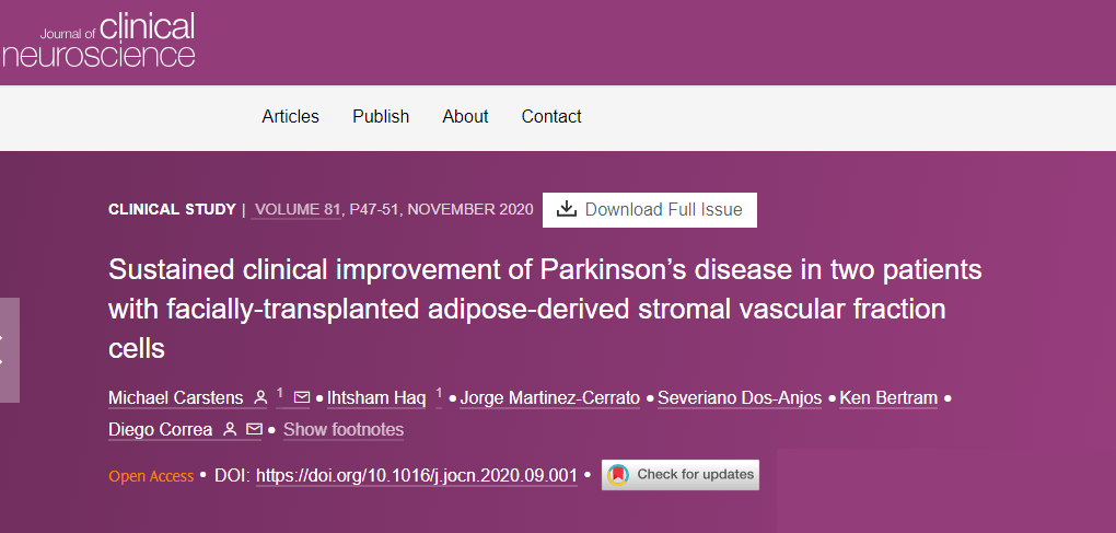 兩名接受面部移植脂肪來源的基質血管成分細胞的帕金森病患者臨床癥狀持續改善