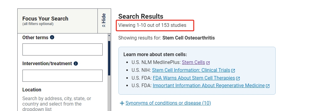 clinicaltrials.gov網站上注冊的有關干細胞治療骨關節炎的臨床研究項目有153項。其中已完成的有57項。 clinicaltrials.gov網站上注冊的有關干細胞治療骨關節炎的臨床研究項目有153項。其中已完成的有57項。