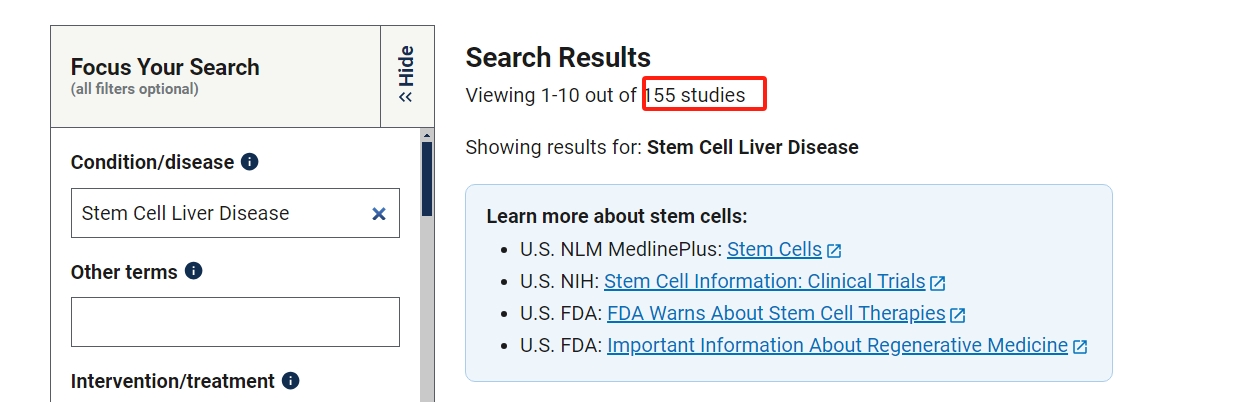 clinicaltrials.gov網站上注冊的有關干細胞治療肝病的臨床研究項目有155項。其中已完成的有53項。
