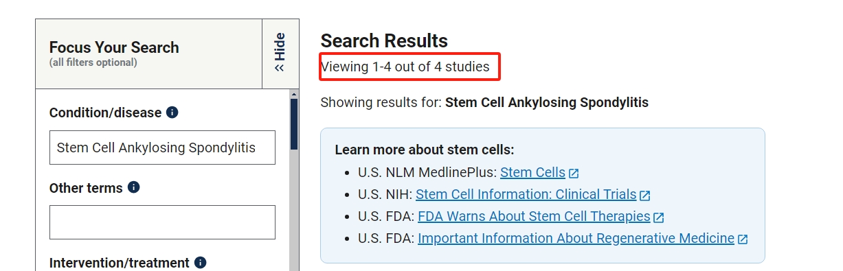 clinicaltrials.gov網站上注冊的有關干細胞治療強直性脊柱炎的臨床研究項目有4項。其中已完成的有1項。