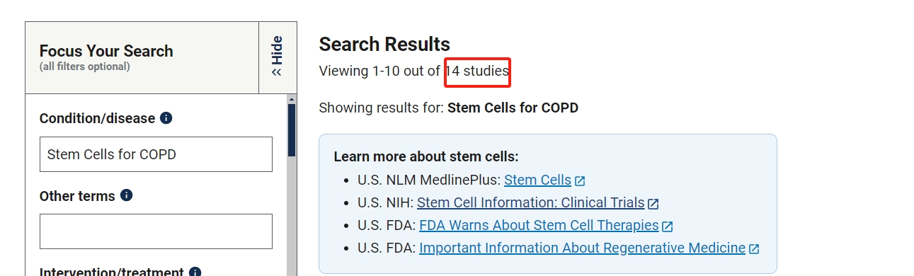 clinicaltrials.gov網站上注冊的有關干細胞治療慢性阻塞性肺病的臨床研究項目有14項。其中已完成的有6項。