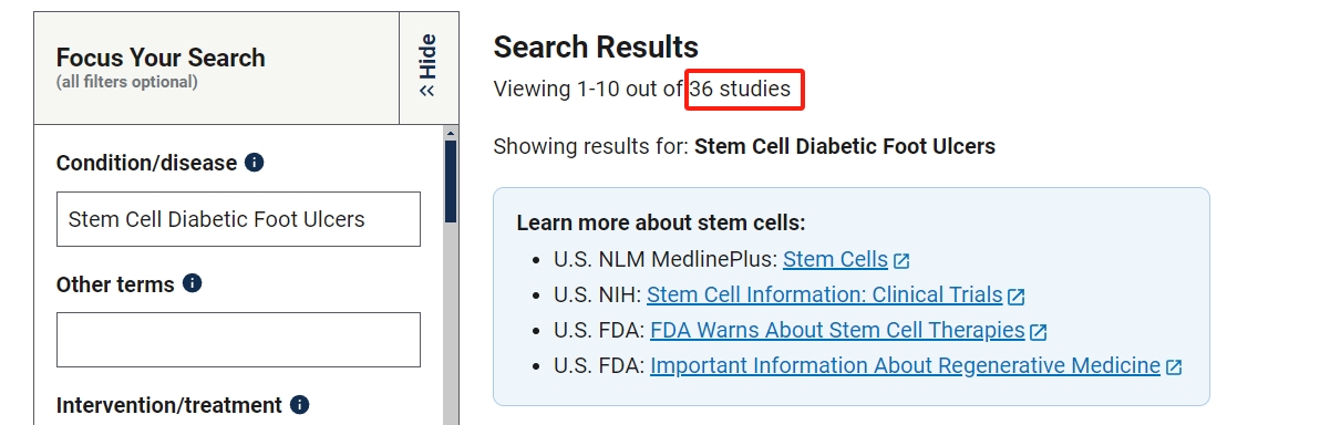 干細(xì)胞治療糖尿病足潰瘍的臨床研究項(xiàng)目有36項(xiàng)。其中已完成的有10項(xiàng)。