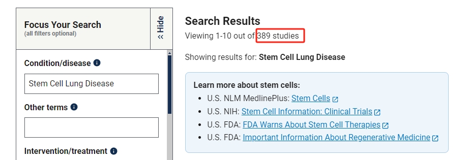 干細胞治療肺部疾病的臨床研究項目有389項。其中已完成的有138項。
