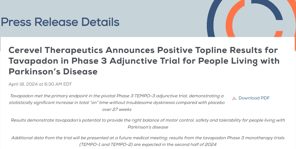 Cerevel Therapeutics宣布Tavapadon在帕金森病患者輔助治療3期試驗中取得積極結果 Cerevel Therapeutics宣布Tavapadon在帕金森病患者輔助治療3期試驗中取得積極結果