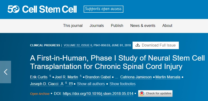 首次在人體中進(jìn)行的I期神經(jīng)干細(xì)胞移植治療慢性脊髓損傷的研究。