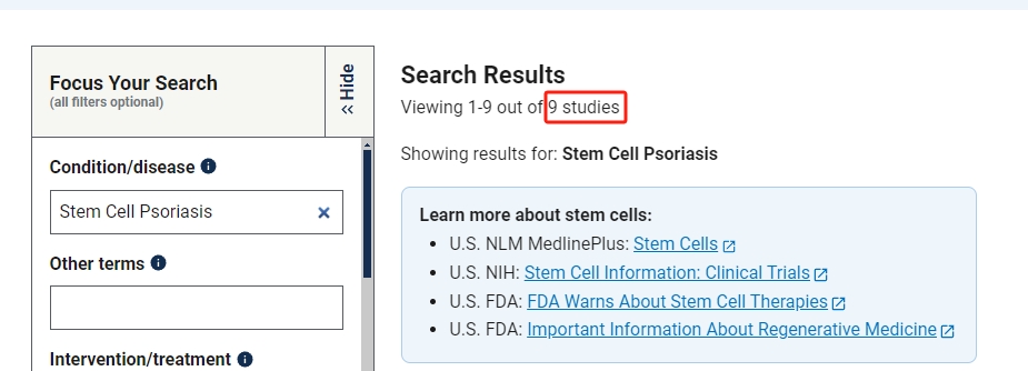 干細胞治療銀屑病臨床研究項目有9項。其中國內發布的占據7項。