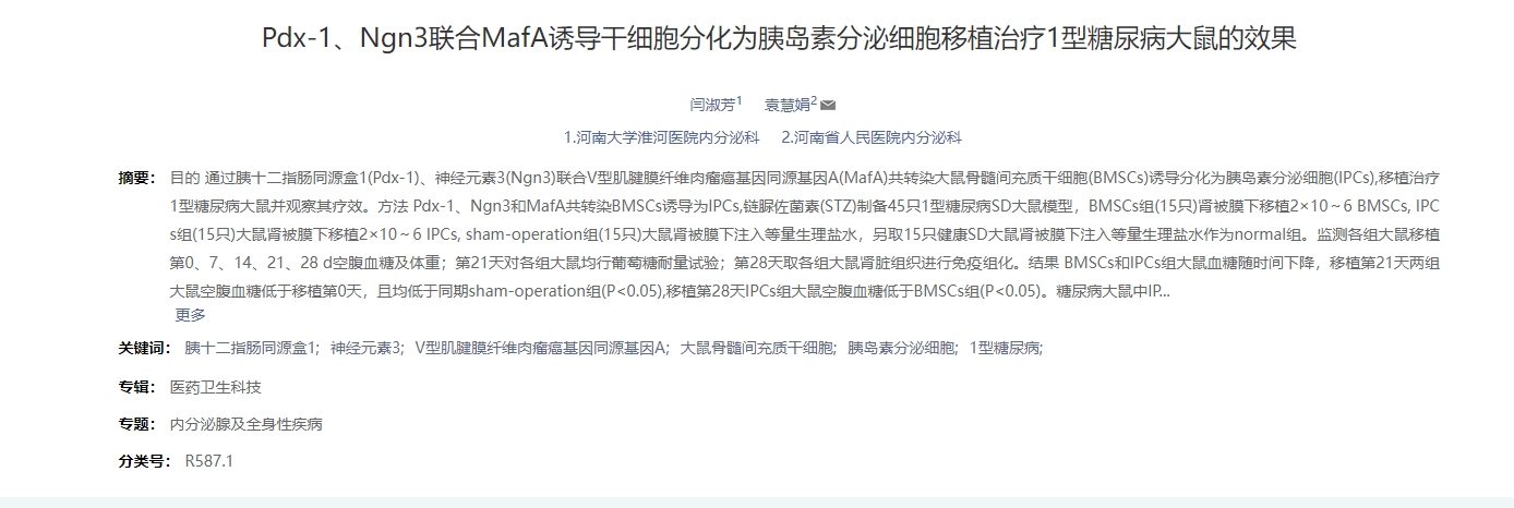 dx-1、Ngn3聯合MafA誘導干細胞分化為胰島素分泌細胞移植治療1型糖尿病大鼠的效果