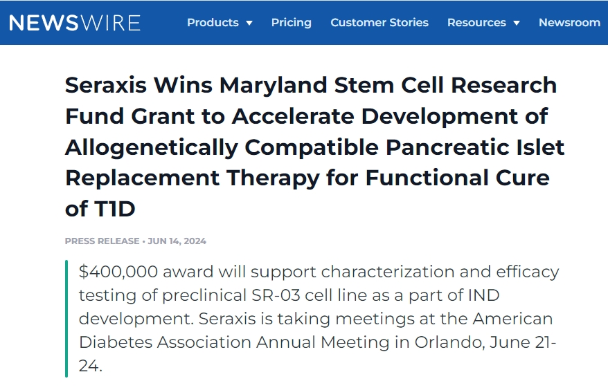 Seraxis 獲得馬里蘭州干細胞研究基金資助，加速開發(fā)同種異體相容性胰島替代療法，實現(xiàn) 1 型糖尿病功能性治愈