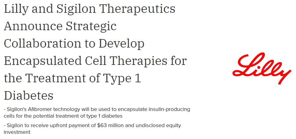 Lilly公司與 Sigilon Therapeutics 宣布開展戰(zhàn)略合作，開發(fā)用于治療 1 型糖尿病的封裝細胞療法