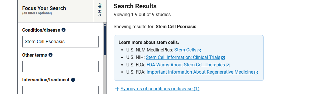 有關(guān)干細(xì)胞治療銀屑病臨床研究項目有9項，已完成的有4項。