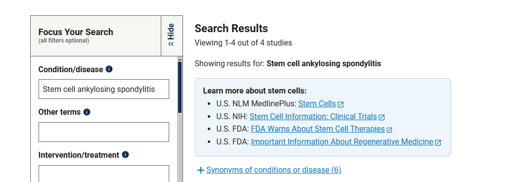 clinicaltrials.gov網(wǎng)站上注冊的有關干細胞治療強直性脊柱炎的臨床研究項目有4項