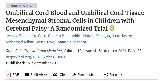 腦癱兒童的臍帶血和臍帶組織間充質(zhì)基質(zhì)細(xì)胞:一項隨機試驗 腦癱兒童的臍帶血和臍帶組織間充質(zhì)基質(zhì)細(xì)胞:一項隨機試驗