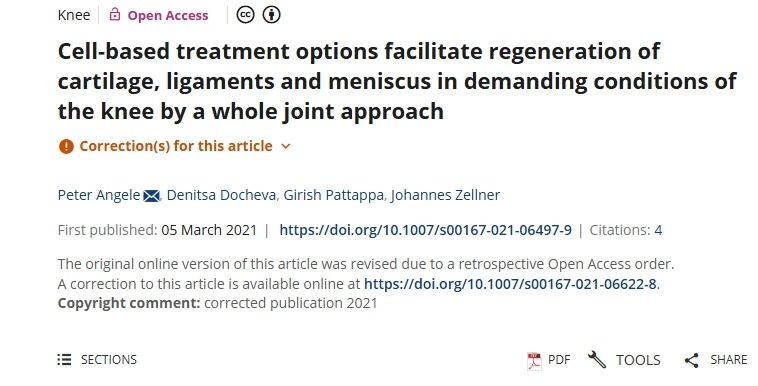基于細胞的治療方案通過全關節方法在膝關節的苛刻條件下促進軟骨、韌帶和半月板的再生