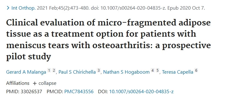 微碎屑脂肪組織作為半月板撕裂伴骨關節炎患者的治療選擇的臨床評價一項前瞻性試點研究