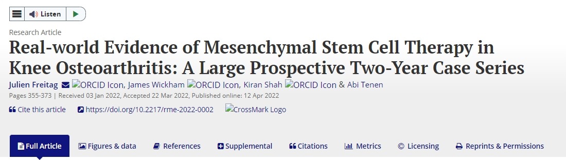 間充質干細胞治療膝骨關節炎的真實世界證據:一項為期兩年的大型前瞻性病例系列 間充質干細胞治療膝骨關節炎的真實世界證據:一項為期兩年的大型前瞻性病例系列