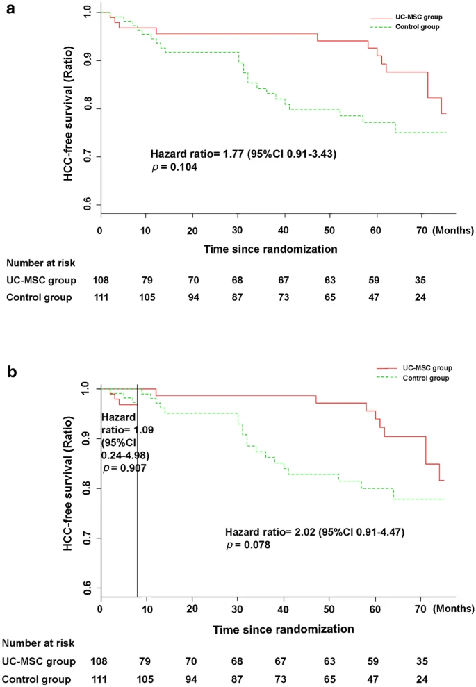 圖5：接受UC-MSC輸注或常規治療方案治療的HBV相關失代償性肝硬化患者的HCC無事件率。