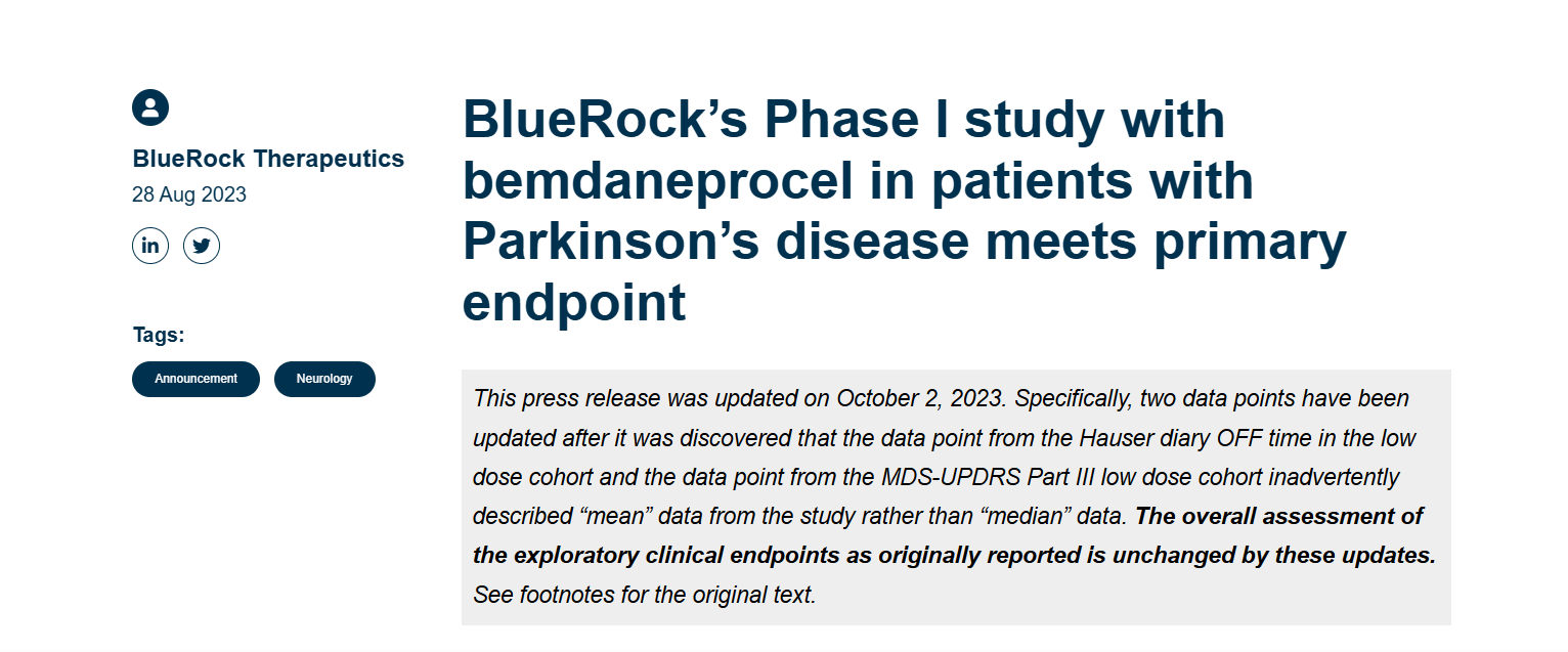 馬薩諸塞州劍橋的生物技術公司 BlueRock Therapeutics 開展，試驗為參與者提供了源自人類 ES 細胞的 A9 祖細胞