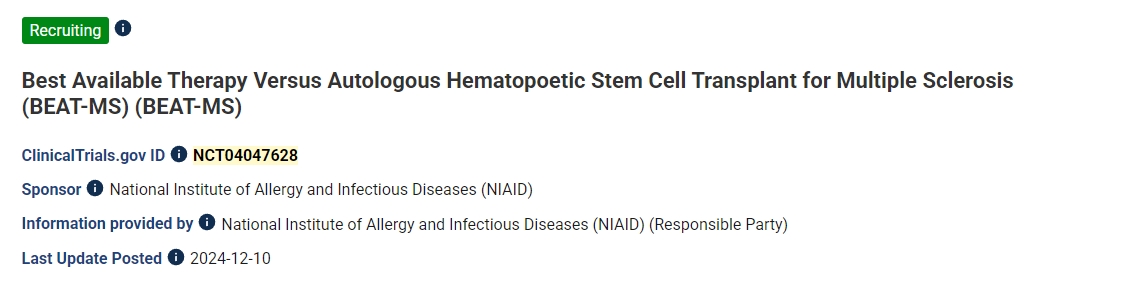 最佳可用療法與自體造血干細(xì)胞移植治療難治性復(fù)發(fā)性多發(fā)性硬化癥的多中心隨機(jī)對(duì)照試驗(yàn) (ITN077AI) 最佳可用療法與自體造血干細(xì)胞移植治療難治性復(fù)發(fā)性多發(fā)性硬化癥的多中心隨機(jī)對(duì)照試驗(yàn) (ITN077AI)