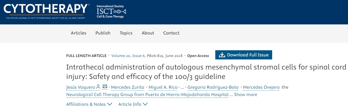 自體間充質基質細胞鞘內給藥治療脊髓損傷:100/3指南的安全性和有效性 自體間充質基質細胞鞘內給藥治療脊髓損傷:100/3指南的安全性和有效性