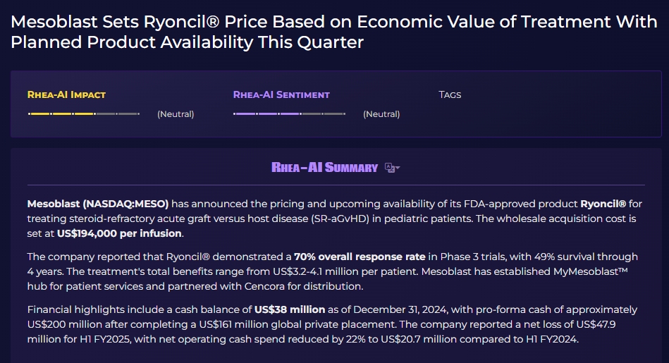 Mesoblast根據治療的經濟價值確定Ryoncil?價格，預計本季度產品上市