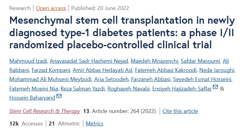 新診斷的 1 型糖尿病患者的間充質干細胞移植：一項 I/II 期隨機安慰劑對照臨床試驗