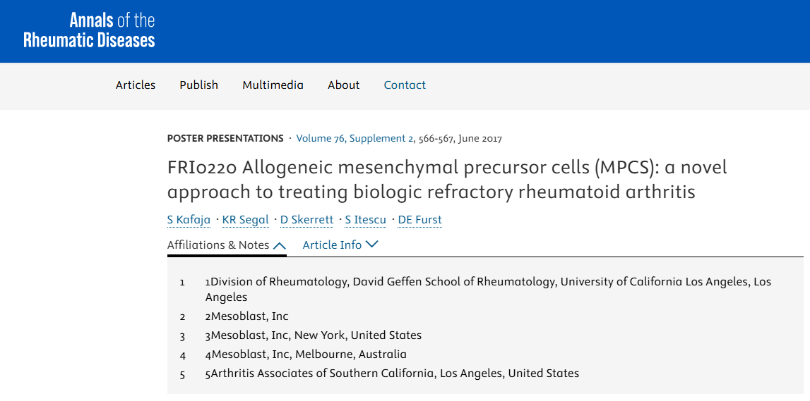 FRI0220 同種異體間充質(zhì)前體細胞（MPCS）：治療生物難治性類風濕性關節(jié)炎的新方法