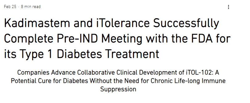 Kadimastem 和 iTolerance 成功完成與 FDA 的 1 型糖尿病治療藥物 IND 前會議