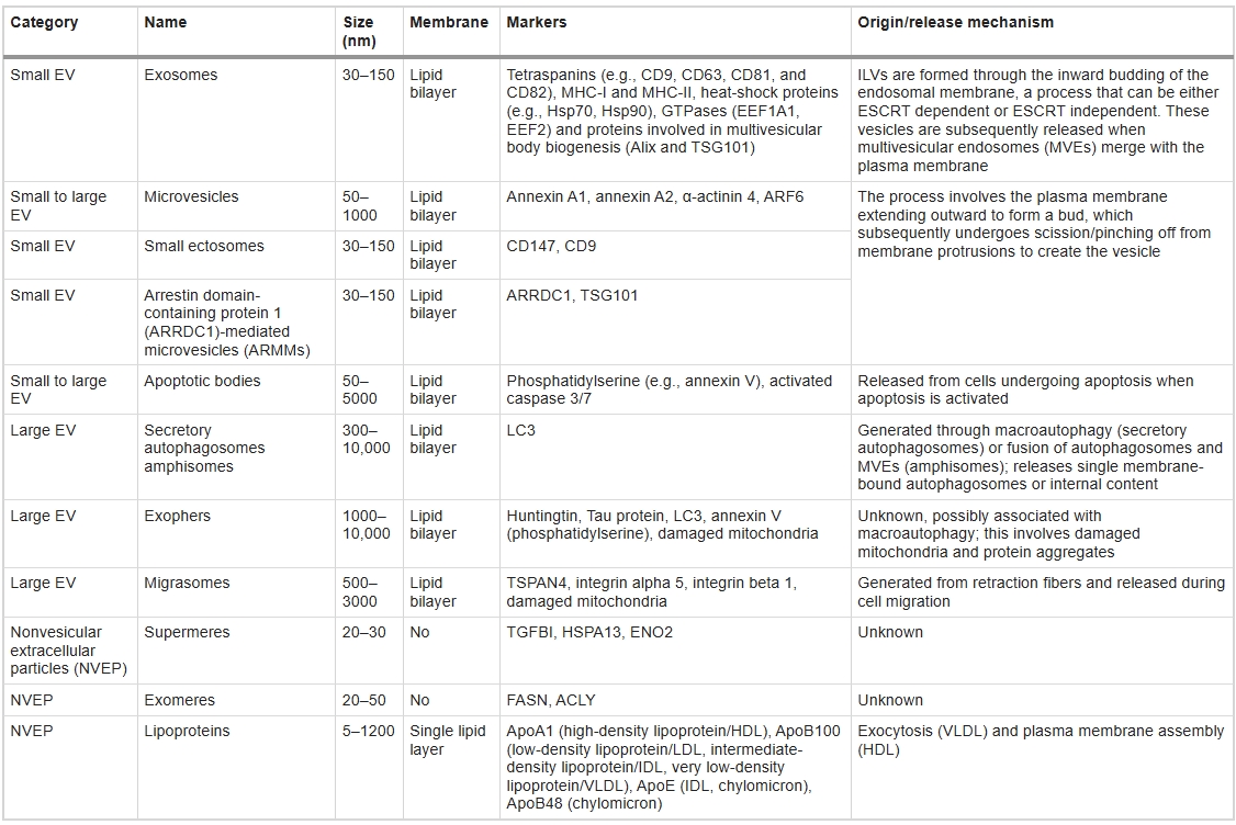 表2：EV和非囊泡細胞外顆粒（NVEP）的類型