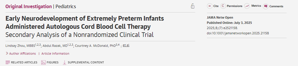 接受自體臍帶血細胞治療的極早產兒的早期神經發育:非隨機臨床試驗的二次分析 接受自體臍帶血細胞治療的極早產兒的早期神經發育:非隨機臨床試驗的二次分析