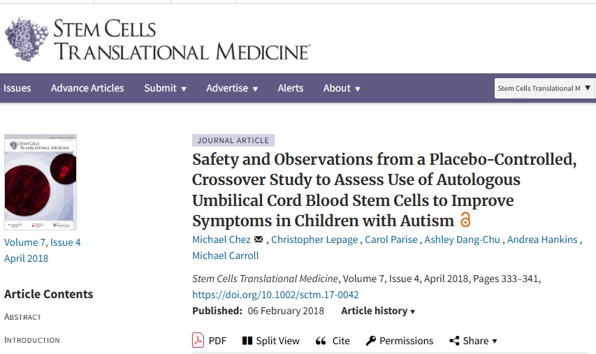 一項安慰劑對照交叉研究的安全性和觀察結果,旨在評估使用自體臍帶血干細胞改善自閉癥兒童癥狀的效果 一項安慰劑對照交叉研究的安全性和觀察結果,旨在評估使用自體臍帶血干細胞改善自閉癥兒童癥狀的效果