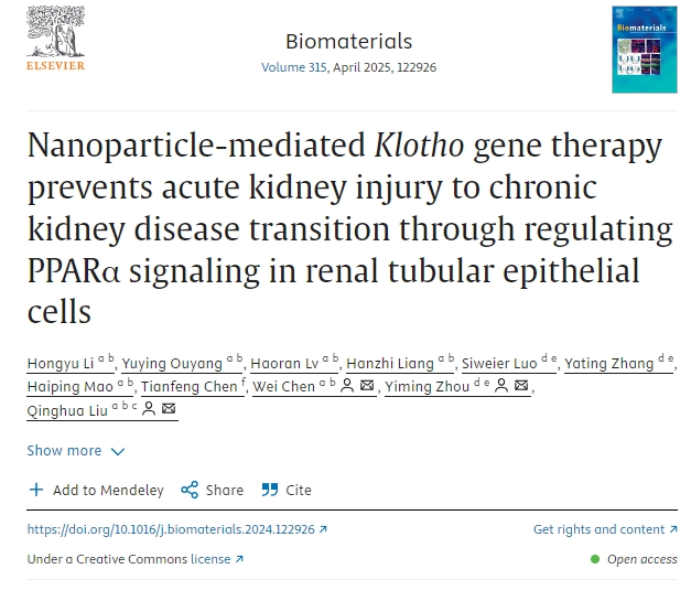 納米粒子介導(dǎo)的Klotho基因治療通過調(diào)節(jié)腎小管上皮細胞中的PPARα信號傳導(dǎo)防止急性腎損傷向慢性腎病的轉(zhuǎn)變