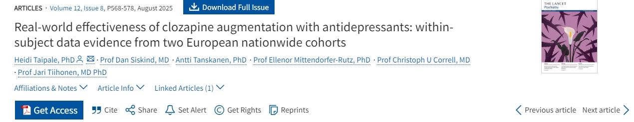 氯氮平聯合抗抑郁藥治療的真實世界效果：來自兩個歐洲全國隊列的受試者內數據證據