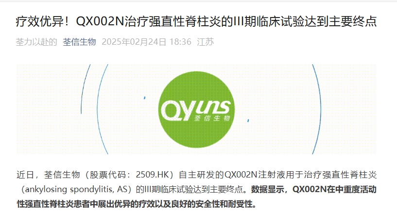 江蘇荃信生物宣布其開發(fā)的靶向IL-17A單抗QX002N在強直性脊柱炎（AS）的III期臨床研究達到主要終點。