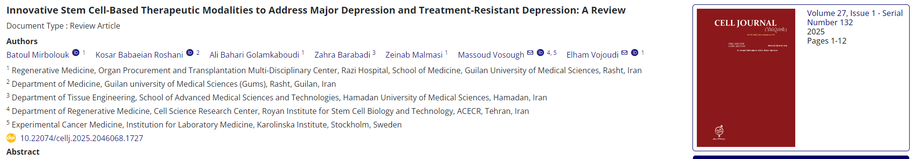創新干細胞療法治療重度抑郁癥和難治性抑郁癥：綜述