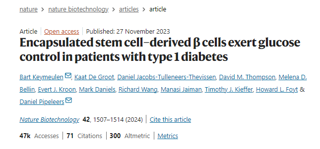 封裝的干細(xì)胞衍生的β細(xì)胞對1型糖尿病患者發(fā)揮血糖控制作用