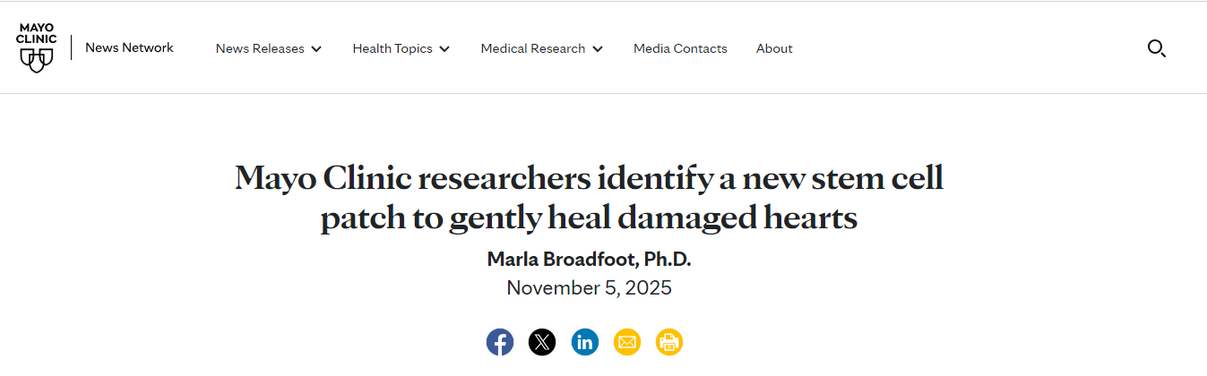 梅奧診所的研究人員發明了一種新型干細胞貼片，可以溫和地修復受損心臟
