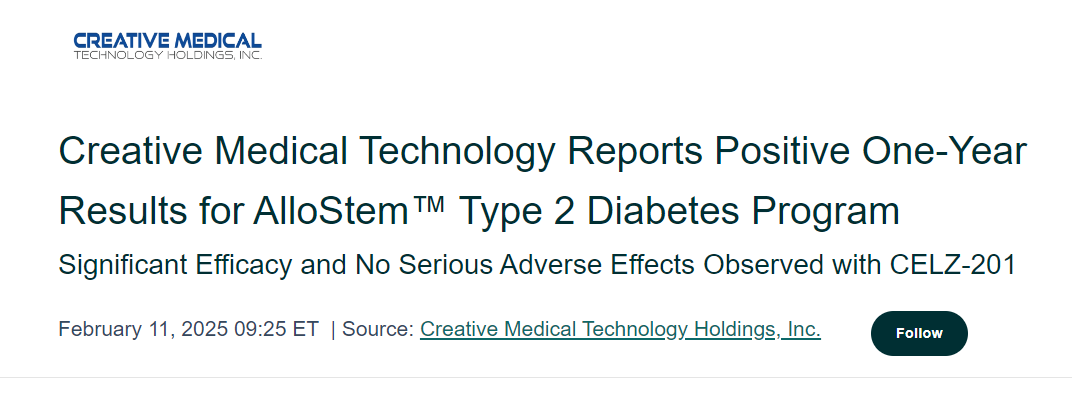 創(chuàng)新醫(yī)療技術(shù)公司報告AlloStem? 2型糖尿病項目一年來取得積極成果 CELZ-201 療效顯著,未觀察到嚴(yán)重不良反應(yīng) 創(chuàng)新醫(yī)療技術(shù)公司報告AlloStem? 2型糖尿病項目一年來取得積極成果
CELZ-201 療效顯著,未觀察到嚴(yán)重不良反應(yīng)