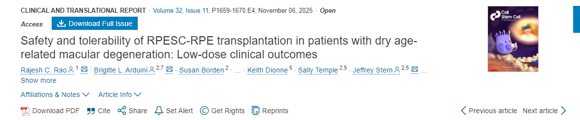RPESC-RPE移植治療干性年齡相關性黃斑變性患者的安全性和耐受性:低劑量臨床結果 RPESC-RPE移植治療干性年齡相關性黃斑變性患者的安全性和耐受性:低劑量臨床結果