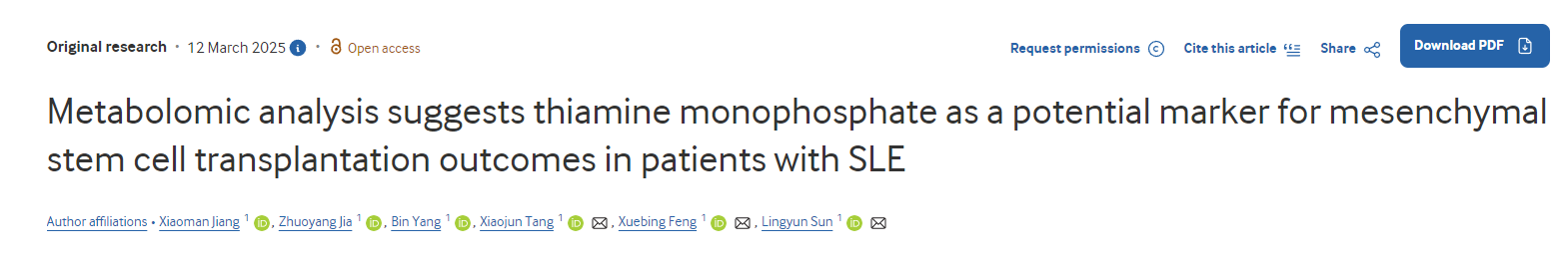 代謝組學分析表明,硫胺素單磷酸酯可能是系統性紅斑狼瘡(SLE)患者間充質干細胞移植療效的潛在標志物。 代謝組學分析表明,硫胺素單磷酸酯可能是系統性紅斑狼瘡(SLE)患者間充質干細胞移植療效的潛在標志物。