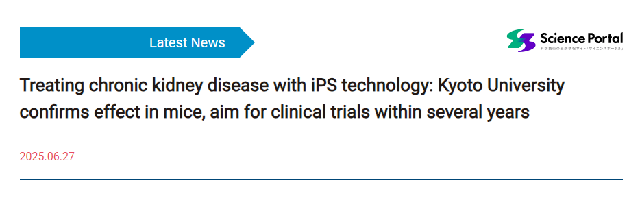 利用iPS技術治療慢性腎病：京都大學證實其在小鼠身上有效，計劃在幾年內開展臨床試驗