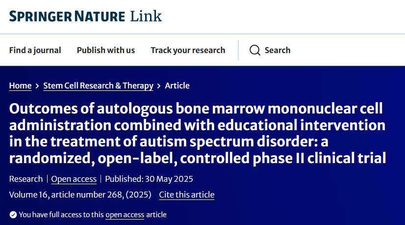 自體骨髓單核細(xì)胞輸注聯(lián)合教育干預(yù)治療自閉癥譜系障礙的療效：一項(xiàng)隨機(jī)、開(kāi)放標(biāo)簽、對(duì)照的II期臨床試驗(yàn)